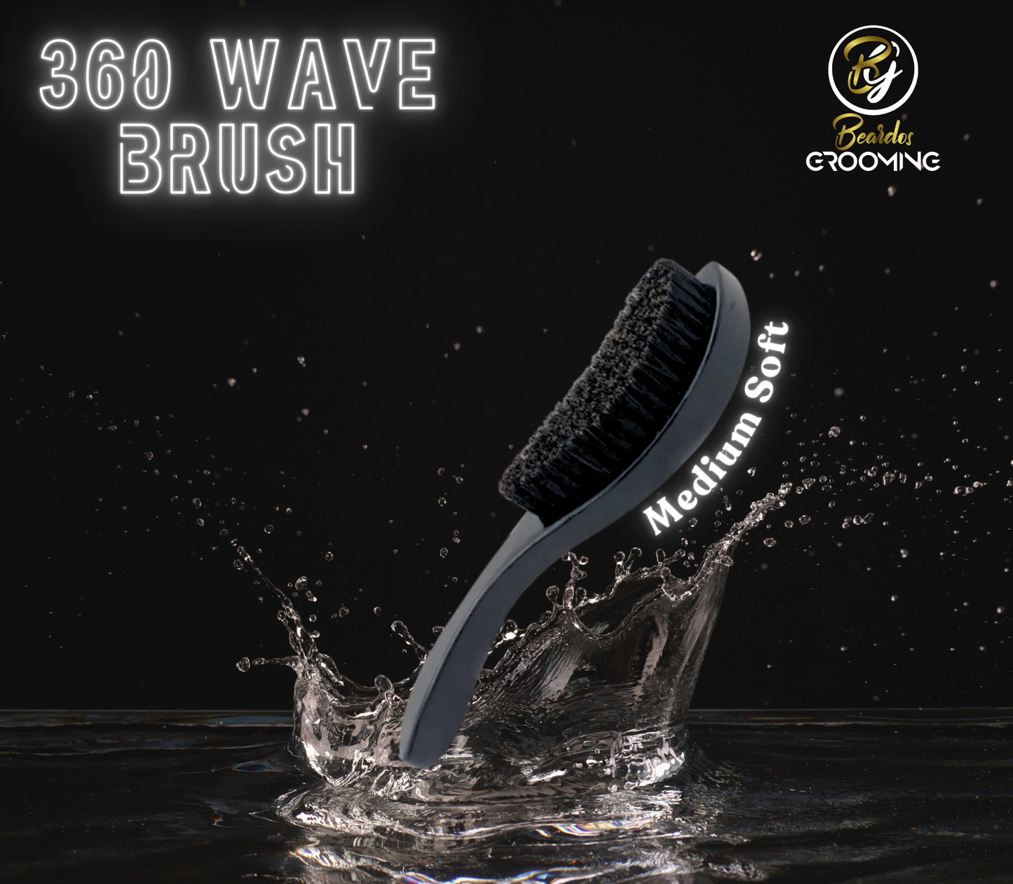 Black 360 Wave Brush - Medium Soft - Durable Wooden Handle